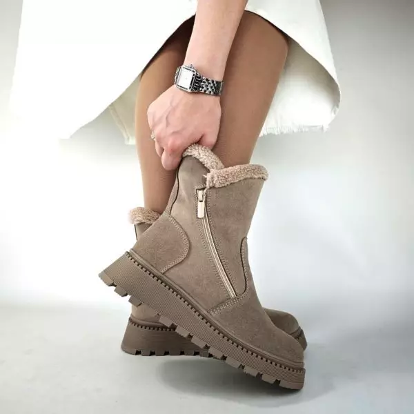 Ботинки женские MYZ кожаные молодежные бежевые нюд latte латте натуральная кожа и замша мех зимние 36 37 38 39 40 41 черевики жіночі натуральна замша лате шкіра бежева нюдова зимові хутро