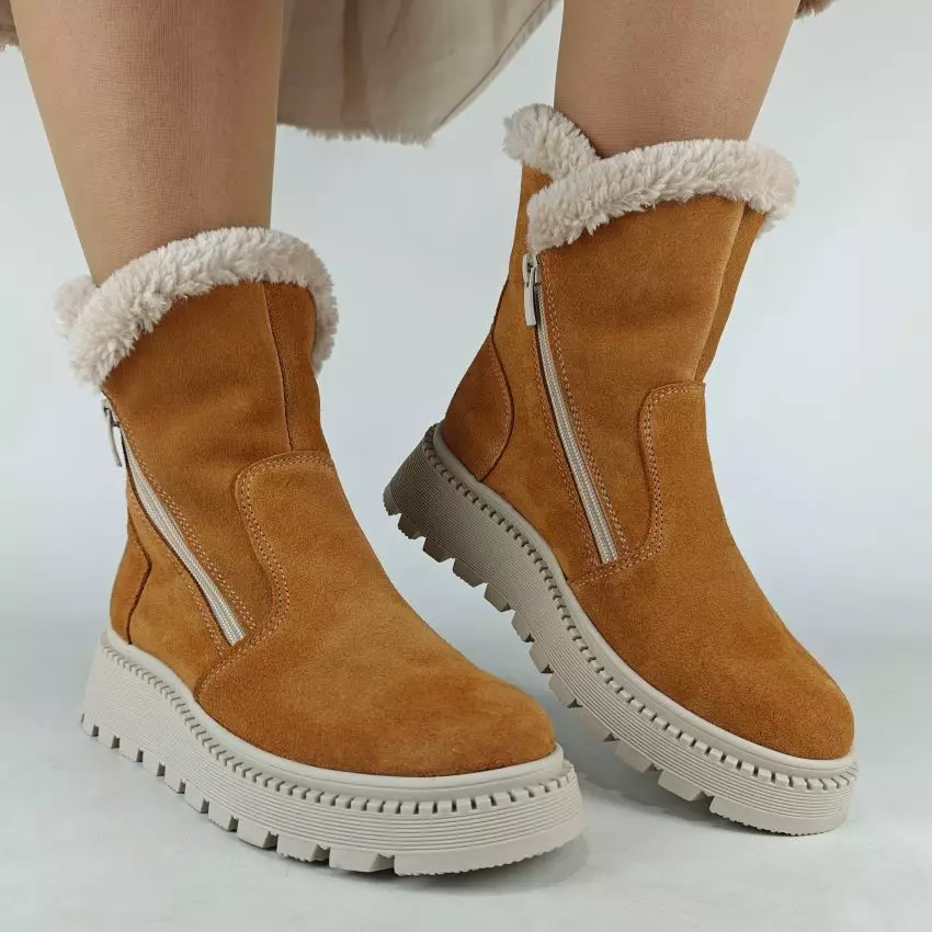 Ботинки женские MYZ кожаные молодежные натуральная кожа и замша рыжая мех зимние 36 37 38 39 40 41 черевики жіночі натуральна замша руда шкіра замша зимові хутро