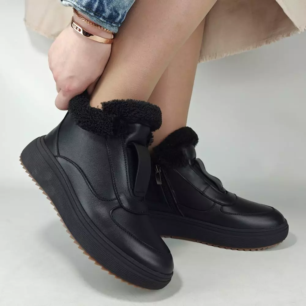 Ботинки женские MYZ кожаные молодежные натуральная кожа и замша черная мех зимние 36 37 38 39 40 41 черевики жіночі натуральна шкіра чорна зимові хутро
