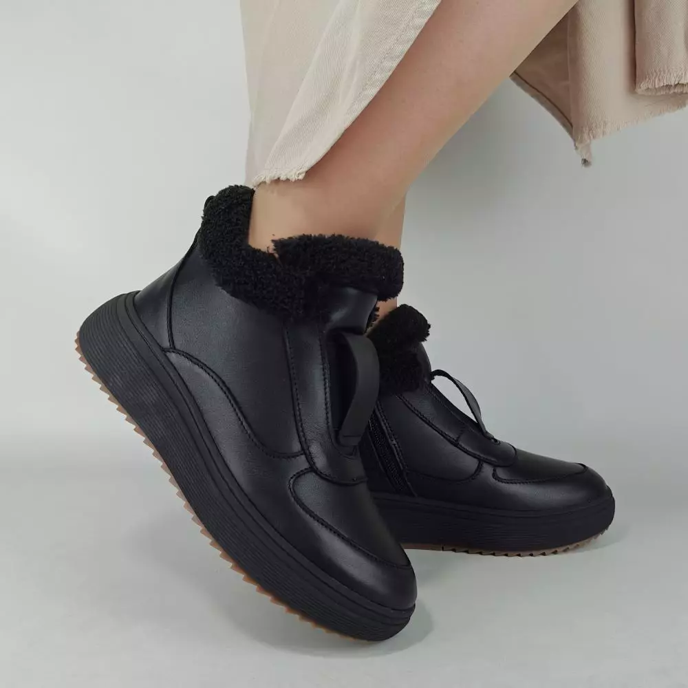 Ботинки женские MYZ кожаные молодежные натуральная кожа и замша черная мех зимние 36 37 38 39 40 41 черевики жіночі натуральна шкіра чорна зимові хутро