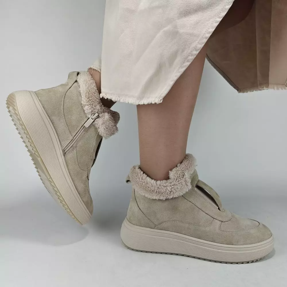 Ботинки женские MYZ кожаные молодежные бежевые нюд светлый беж натуральная кожа и замша мех зимние 36 37 38 39 40 41 черевики жіночі натуральна шкіра бежева нюдова зимові хутро