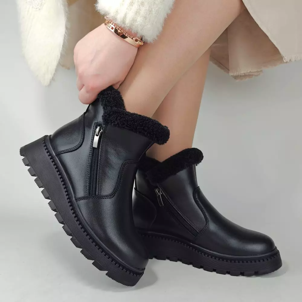 Ботинки женские MYZ кожаные молодежные натуральная кожа и замша черная мех зимние 36 37 38 39 40 41 черевики жіночі натуральна шкіра чорна зимові хутро