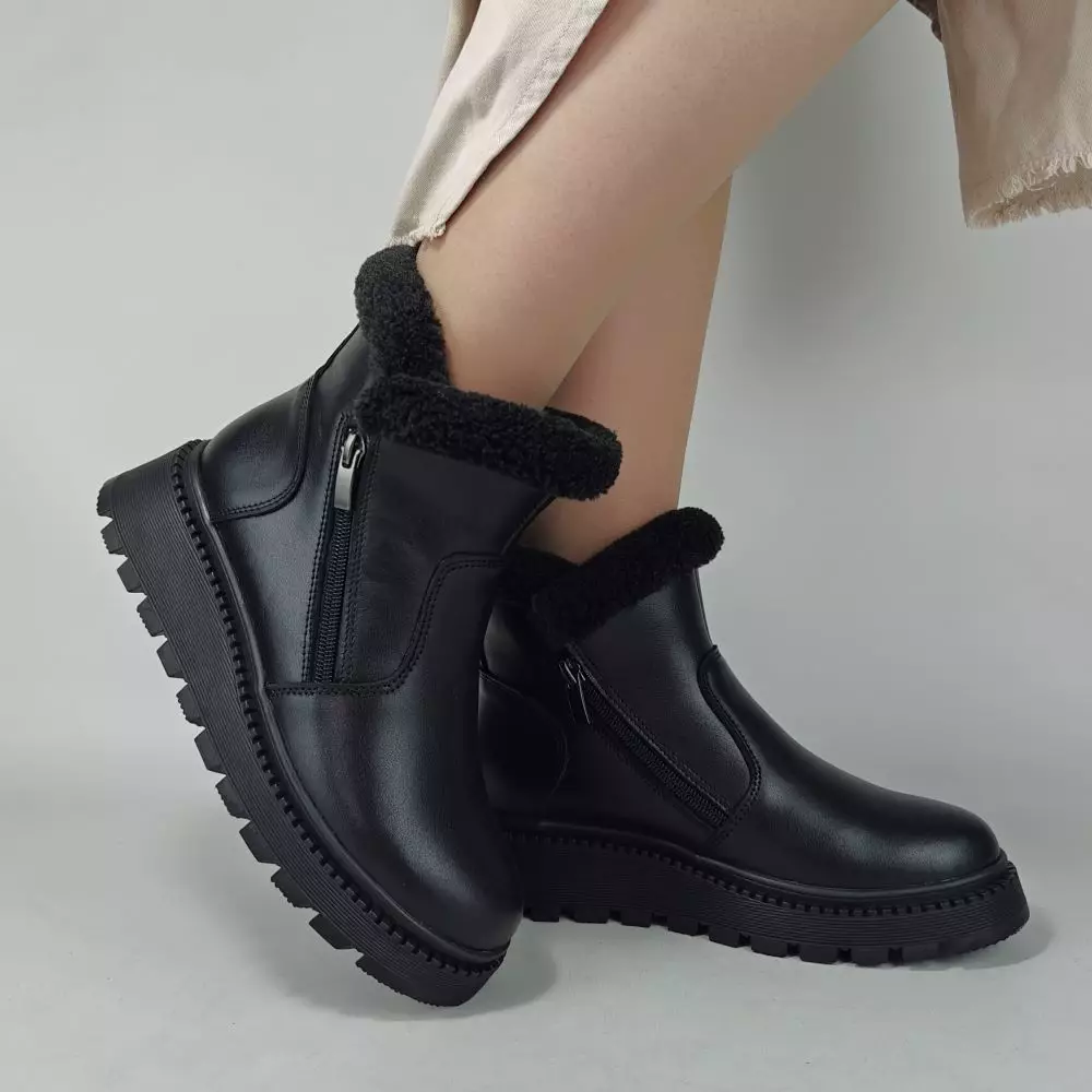 Ботинки женские MYZ кожаные молодежные натуральная кожа и замша черная мех зимние 36 37 38 39 40 41 черевики жіночі натуральна шкіра чорна зимові хутро