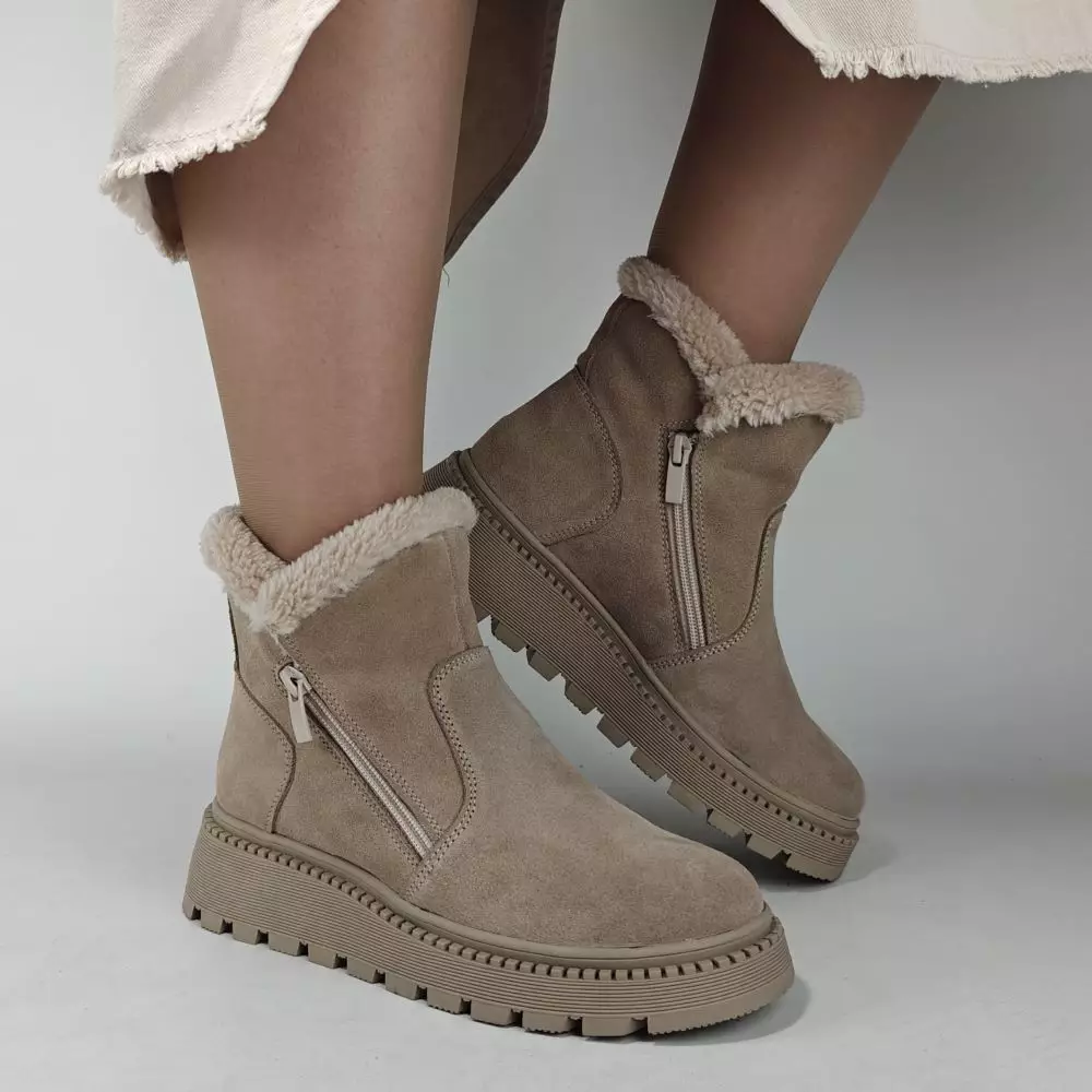 Ботинки женские MYZ кожаные молодежные бежевые нюд latte латте натуральная кожа и замша мех зимние 36 37 38 39 40 41 черевики жіночі натуральна замша лате шкіра бежева нюдова зимові хутро