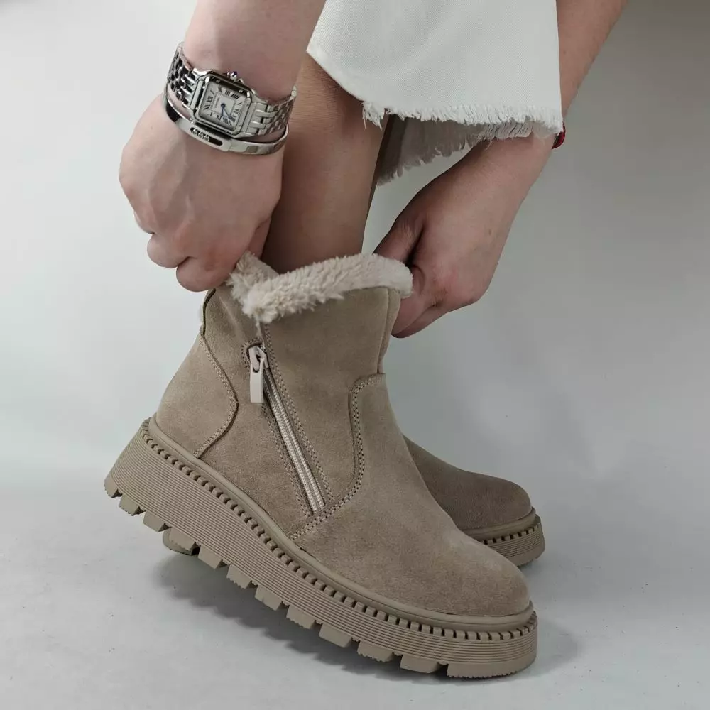 Ботинки женские MYZ кожаные молодежные бежевые нюд latte латте натуральная кожа и замша мех зимние 36 37 38 39 40 41 черевики жіночі натуральна замша лате шкіра бежева нюдова зимові хутро
