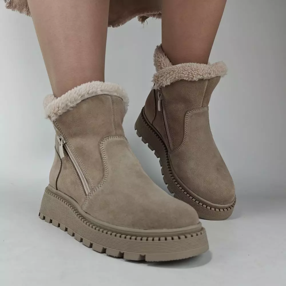 Ботинки женские MYZ кожаные молодежные бежевые нюд latte латте натуральная кожа и замша мех зимние 36 37 38 39 40 41 черевики жіночі натуральна замша лате шкіра бежева нюдова зимові хутро