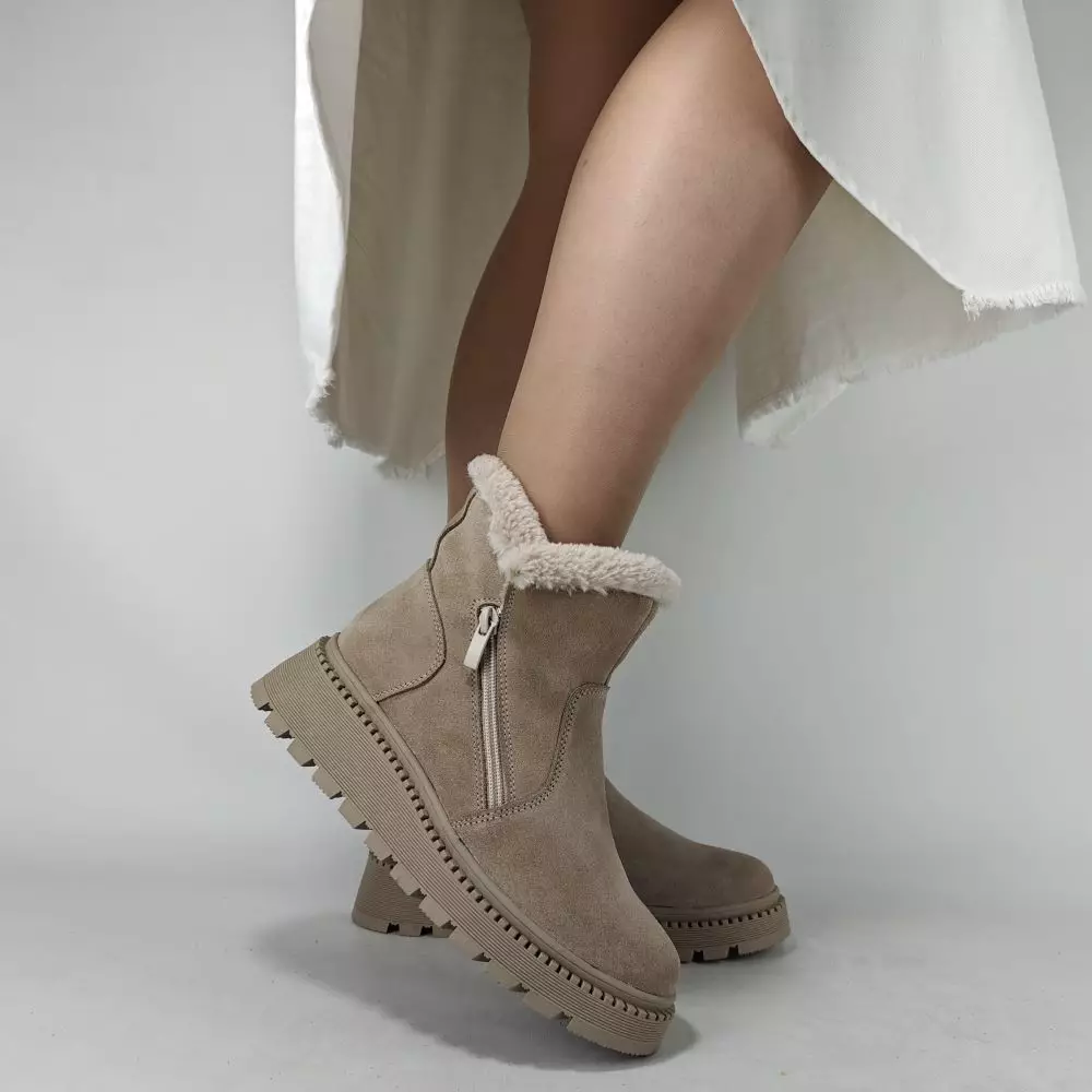 Ботинки женские MYZ кожаные молодежные бежевые нюд latte латте натуральная кожа и замша мех зимние 36 37 38 39 40 41 черевики жіночі натуральна замша лате шкіра бежева нюдова зимові хутро
