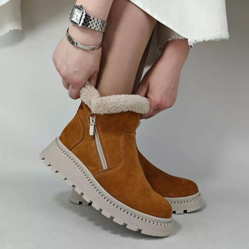 Ботинки женские MYZ кожаные молодежные натуральная кожа и замша рыжая мех зимние 36 37 38 39 40 41 черевики жіночі натуральна замша руда шкіра зимові хутро