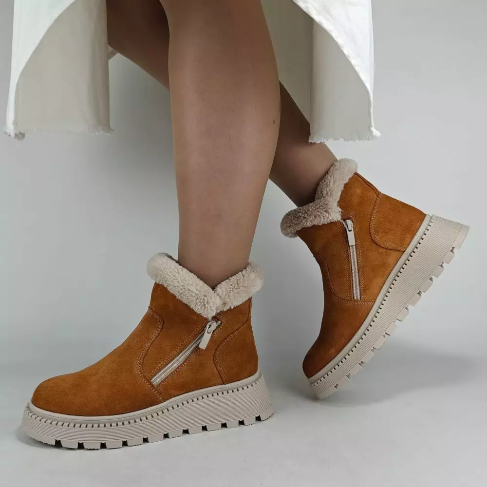 Ботинки женские MYZ кожаные молодежные натуральная кожа и замша рыжая мех зимние 36 37 38 39 40 41 черевики жіночі натуральна замша руда шкіра зимові хутро
