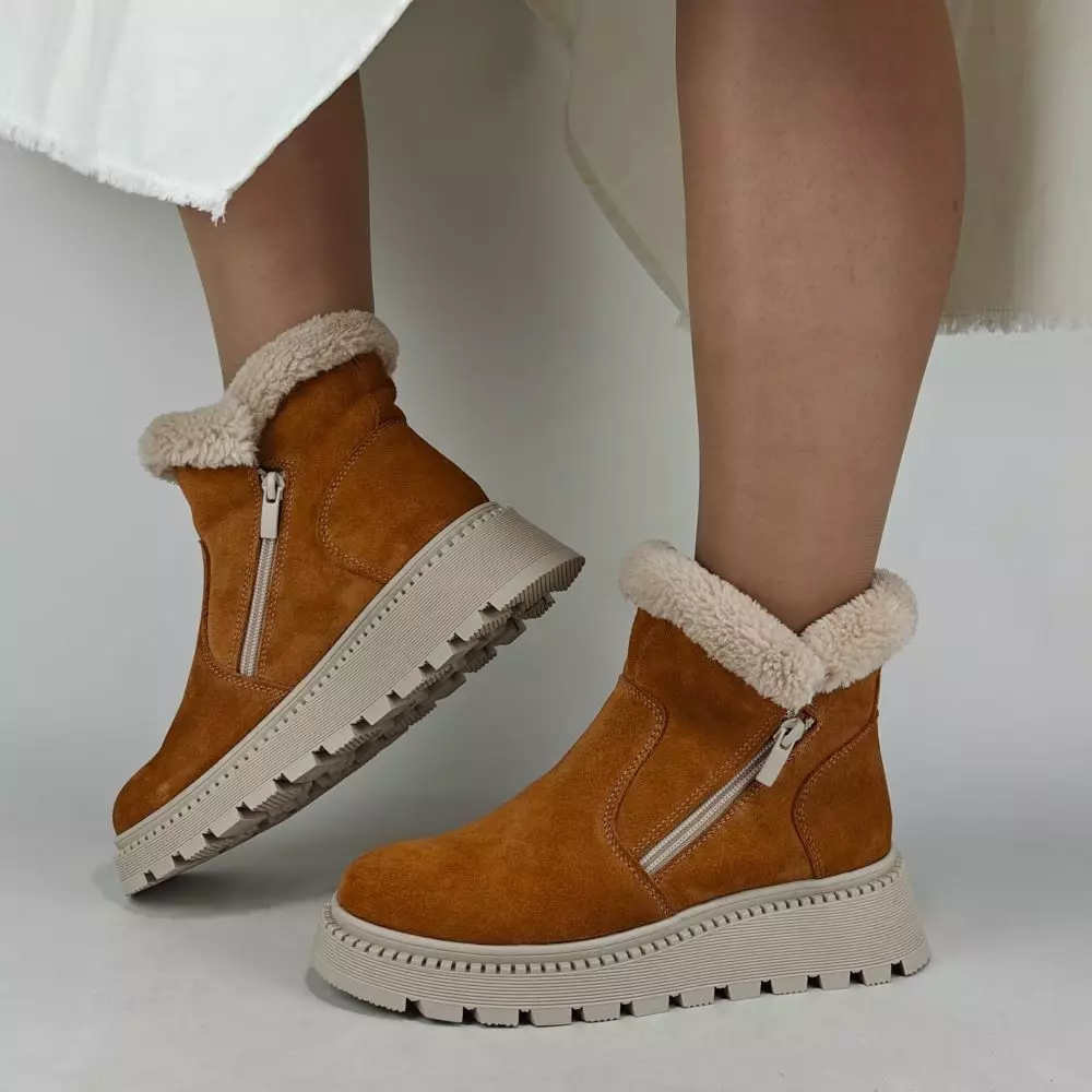 Ботинки женские MYZ кожаные молодежные натуральная кожа и замша рыжая мех зимние 36 37 38 39 40 41 черевики жіночі натуральна замша руда шкіра зимові хутро
