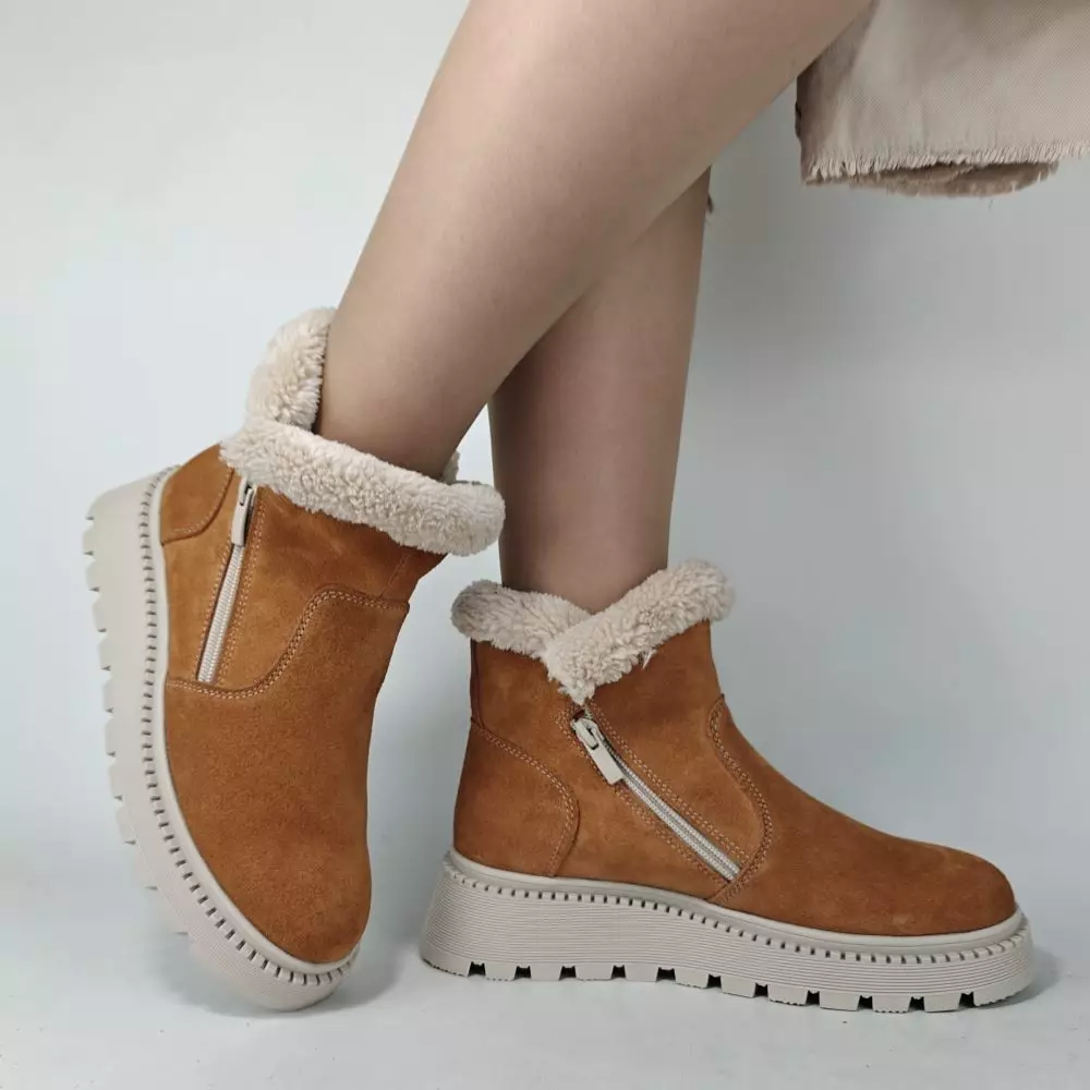Ботинки женские MYZ кожаные молодежные натуральная кожа и замша рыжая мех зимние 36 37 38 39 40 41 черевики жіночі натуральна замша руда шкіра зимові хутро