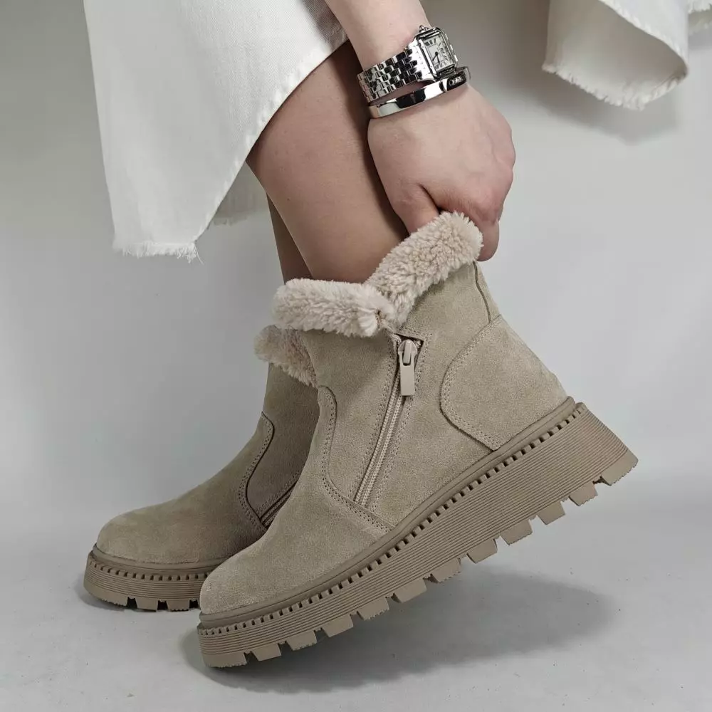 Ботинки женские MYZ кожаные молодежные бежевые нюд натуральная кожа и замша мех зимние 36 37 38 39 40 41 черевики жіночі натуральна шкіра бежева нюдова зимові хутро