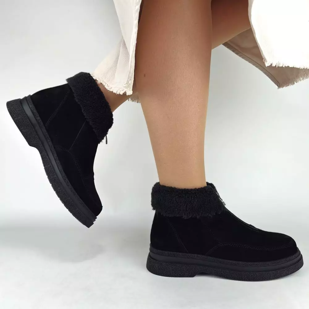 Ботинки женские MYZ кожаные молодежные натуральная кожа и замша черная мех зимние 36 37 38 39 40 41 черевики жіночі натуральна замша шкіра чорна зимові хутро