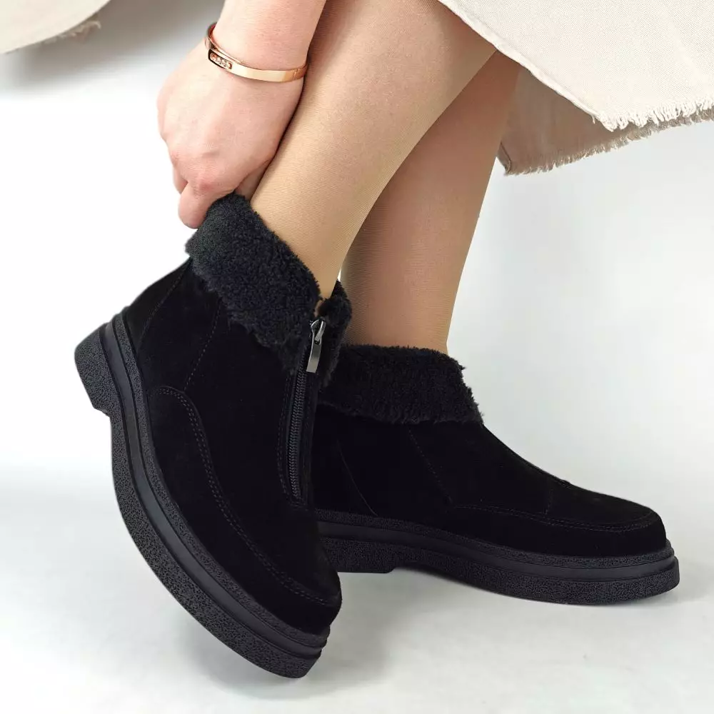 Ботинки женские MYZ кожаные молодежные натуральная кожа и замша черная мех зимние 36 37 38 39 40 41 черевики жіночі натуральна замша шкіра чорна зимові хутро
