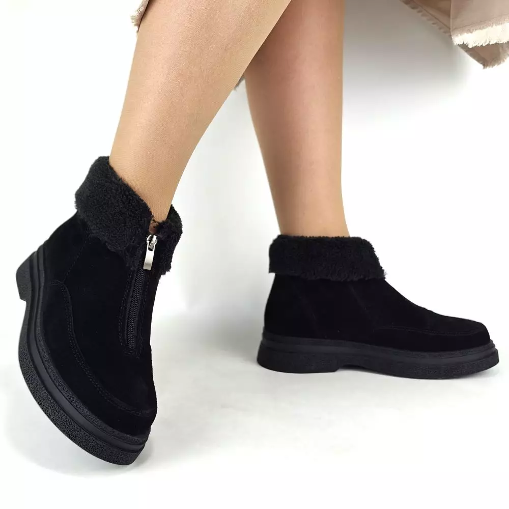 Ботинки женские MYZ кожаные молодежные натуральная кожа и замша черная мех зимние 36 37 38 39 40 41 черевики жіночі натуральна замша шкіра чорна зимові хутро