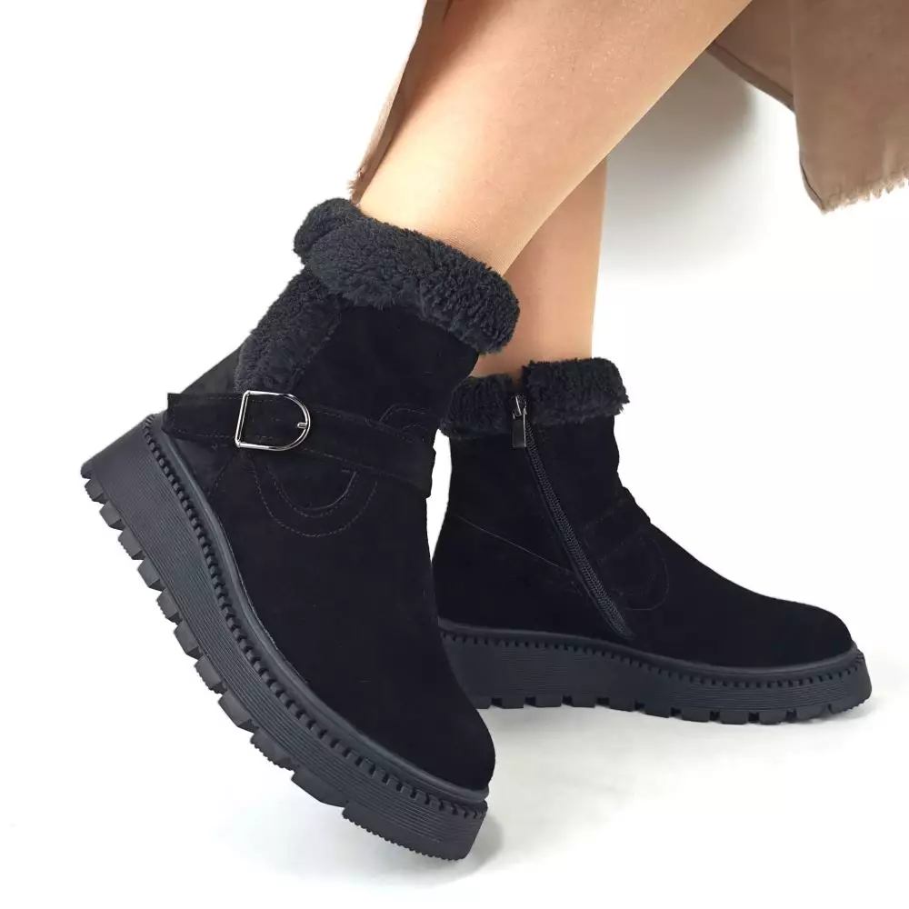 Ботинки женские MYZ кожаные молодежные натуральная кожа и замша черная мех зимние 36 37 38 39 40 41 черевики жіночі натуральна замша шкіра чорна зимові хутро